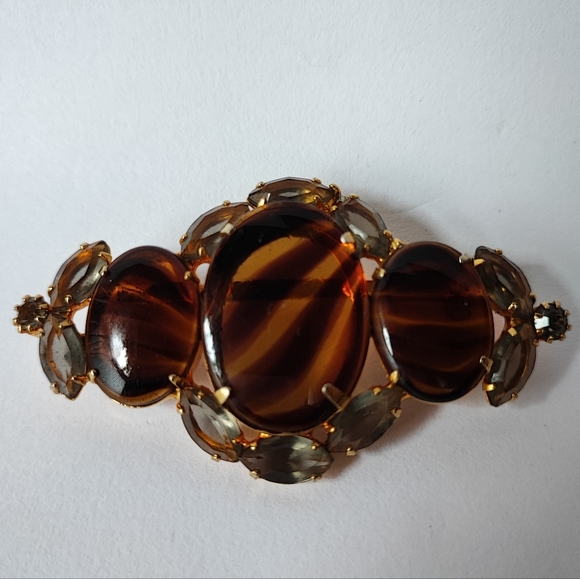 Glass Tortoise Striped Prong Set Brooch Gold Tone Smoke Open Back Prong Set Pin - Picture 4 of 10